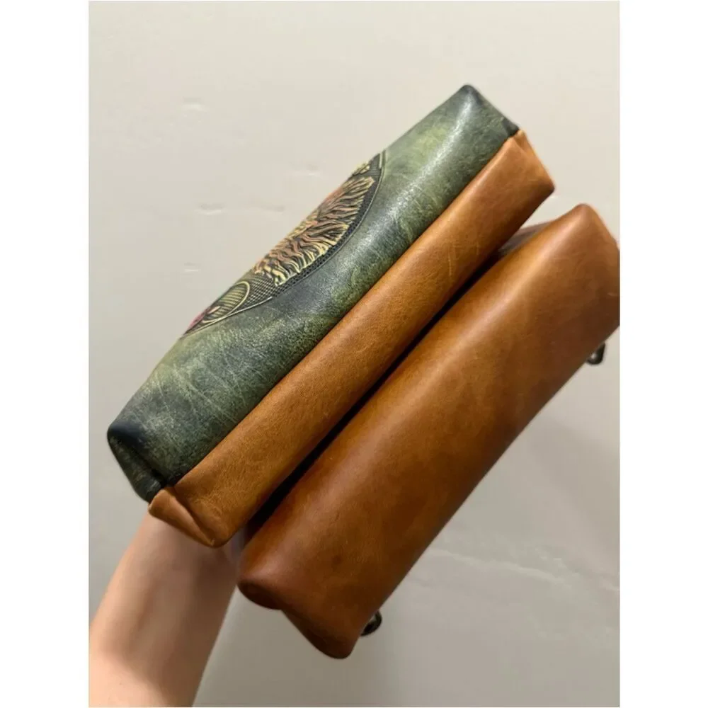 Unique Crazy Horse Cowhide Kisslock Double Frame Bag & Hand-Tooled Textured Deer